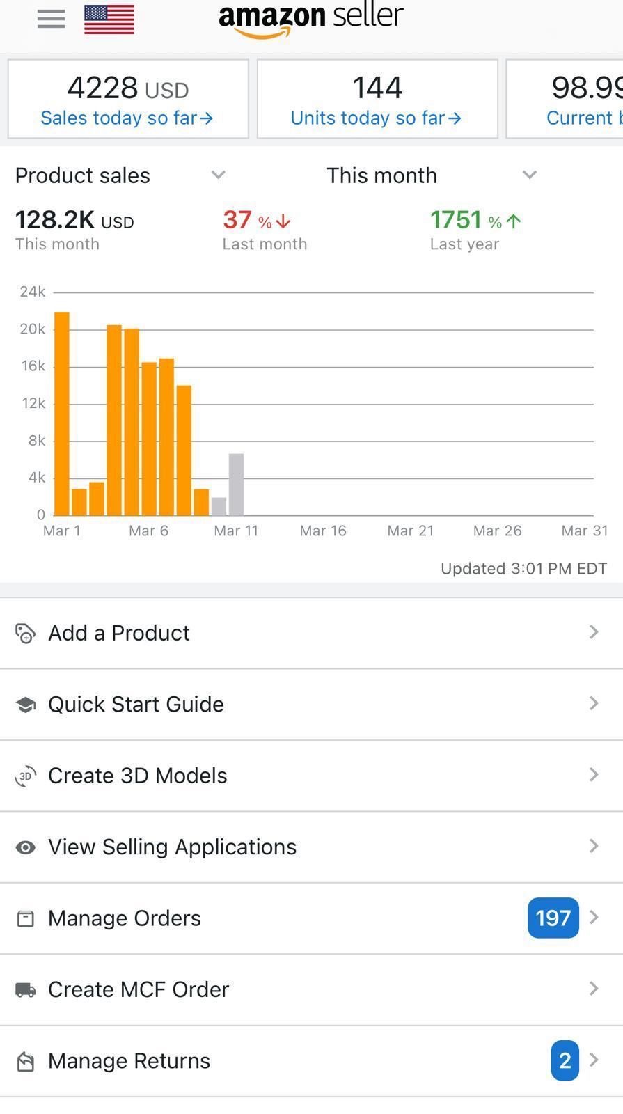 Provider-supplied Amazon Seller Central march 2026 sales snapshot